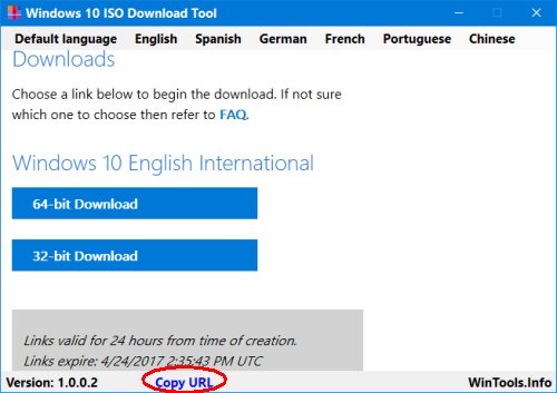 Windows 10 ISO Download Tool Copy URL