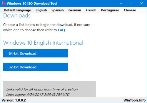 Windows 10 ISO Download Tool Selected